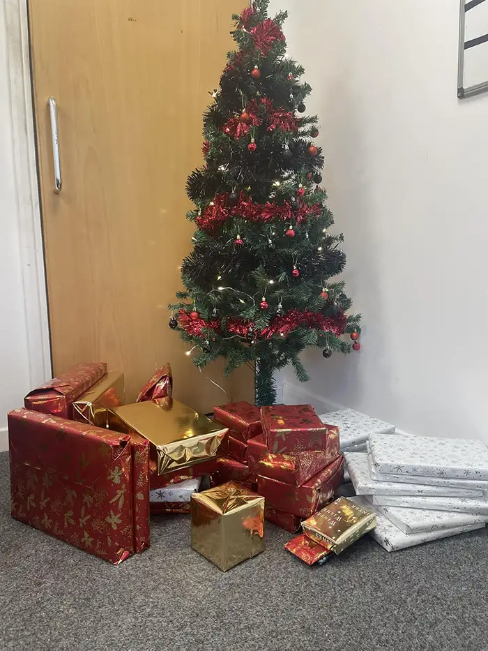 Gifts wrapped underneath a tree at DT Services Ltd's head office in Hull. They were later delivered to the Hull Royal Infirmary.